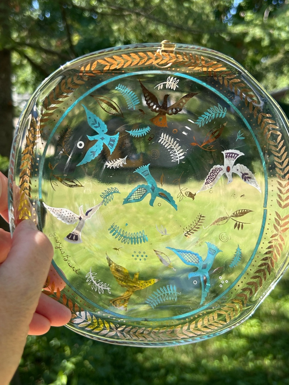 Vintage Georges Briard Dish Glass Bird Leaf Gold Turquoise Accent Plate Box 7”